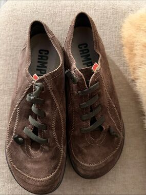 Camper Brown Suede Slip-On Loafers with Elastic Laces